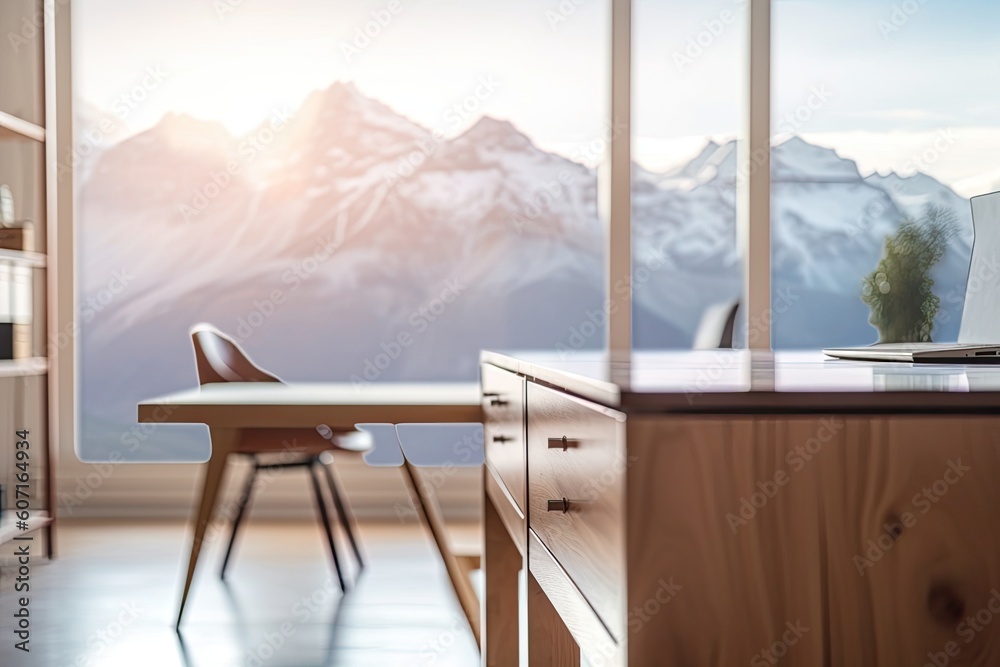 Fototapeta premium blurry, out of focus photography Cabinet in a vacant office with summertime mountains in the backdrop. Mockup of a business background. Generative AI