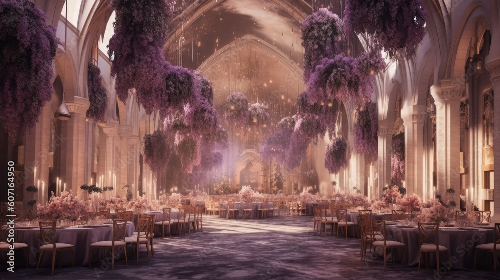 a wedding decorated with purple flowers and lights Generative Ai