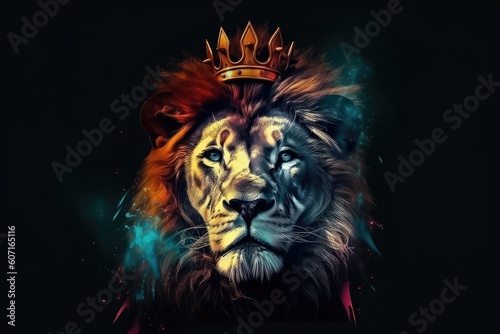 Abstract painting concept. Colorful art of a lion with a crown