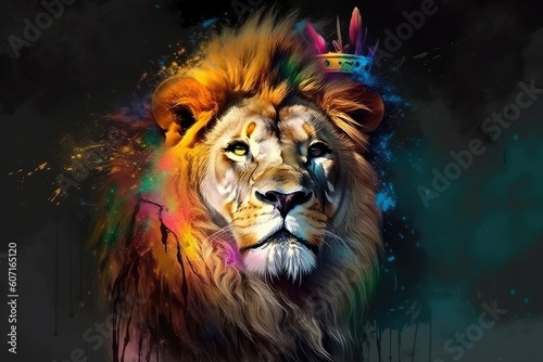 Colorful Expression  Abstract Artwork Depicting a Crowned Lion in Dynamic Hues