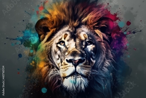 Vibrant Abstract Art: Majestic Lion with Crown in Colorful Painting
