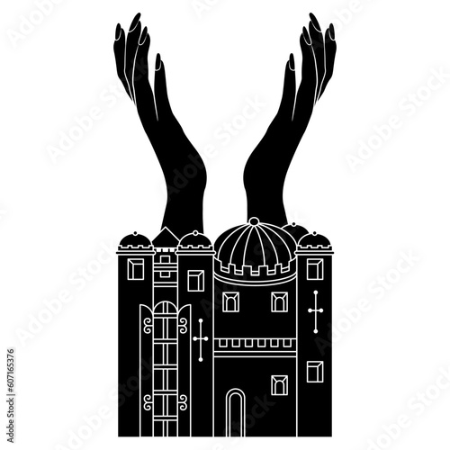 Two raised up female hands in praying gesture emerging from medieval castle. Helen of Troy. Creative concept. Black and white silhouette.
