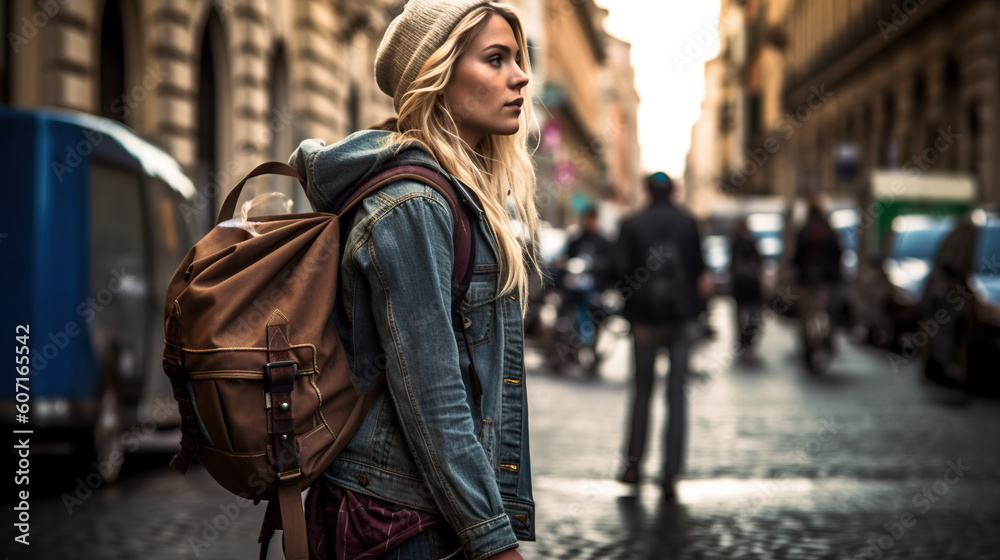 A woman with a backpack walking down a street. Generative AI. Backpacker tourist,