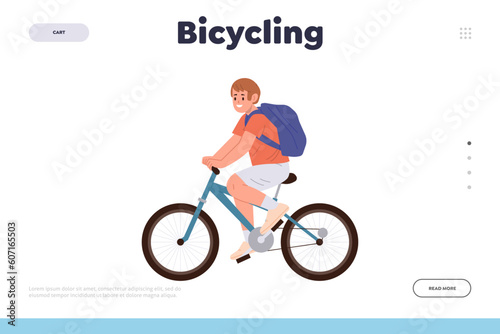 Bicycling landing page design template with happy cartoon teenager boy child cyclist character