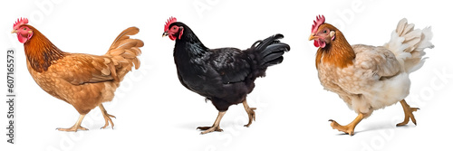 A set of images of a chickens walking, isolated background. Generative Ai