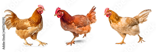 A set of images of a chickens running, isolated background. Generative Ai © FP Creative Stock
