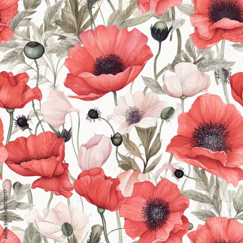 Red poppies pattern on a white background. Watercolor botanical illustration. Nature. Delicate pastel colors. Design for packaging, fabric, wallpapers, posters. Seamless floral pattern. Ai Generative