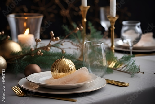 Christmas luxury table setting with golden silverware and natural evergreen decor on linen tablecloth. Close up. Holiday Centerpieces. Generative AI.