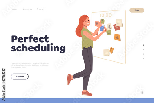 Perfect scheduling landing page template with young woman employee organizing task and appointments