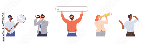 Set of diverse people character searching information using browser bar, binocular, magnifying glass