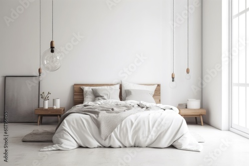 Blank white wall in a stylish and inviting bedroom. interior design mockup in a modern, minimalistic style. Copy space that is free to be used for your picture, text, or other design. Generative AI