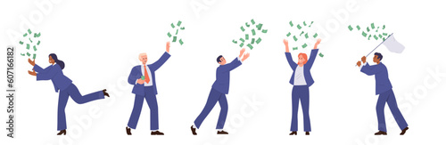 Set of diverse successful business people characters catching money standing under falling cash rain