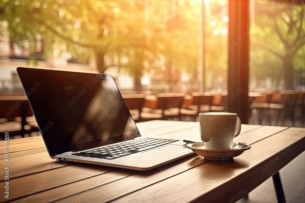 Blank laptop or notebook screen on wooden table with modern coffee shop or restaurant, natural orange bokeh, and morning sunlight in the backdrop. Generative AI Blank laptop or notebook screen on wooden table with modern coffee shop or restaurant, natural orange bokeh, and morning sunlight in the backdrop. Generative AI