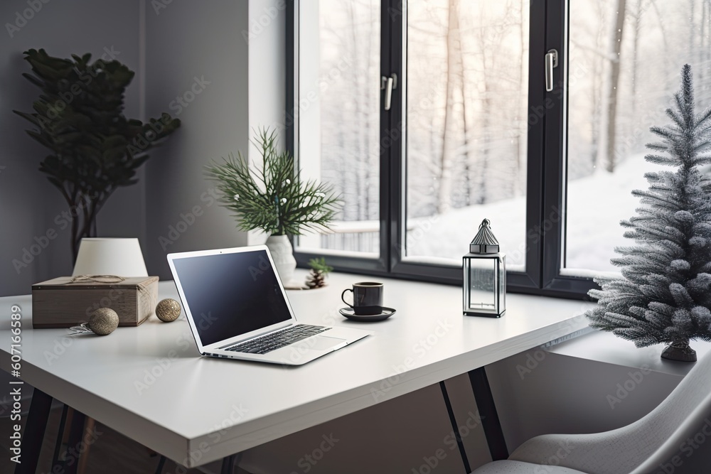 Fototapeta premium Blank laptop template with space for copy. workstation at a desk in the home office. Christmas trees are used to embellish a contemporary Nordic interior. Generative AI