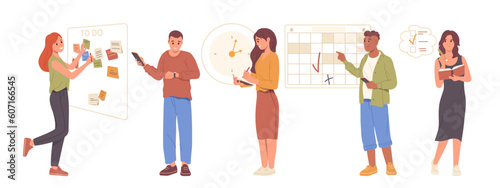 Diverse business people characters working on schedule, planning work time, organizing workflow set