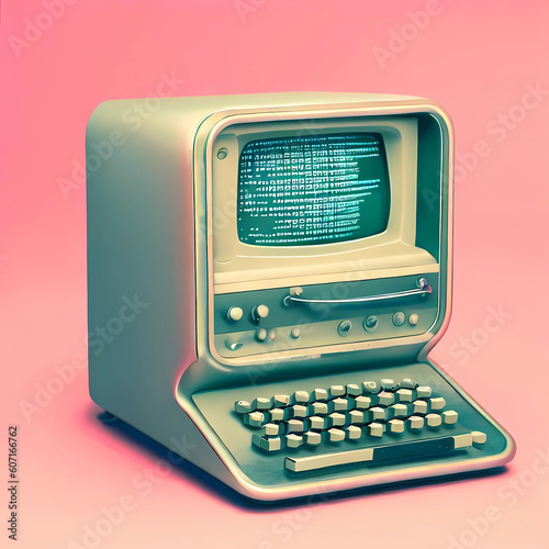 Old personal computer on a pink background. AI generated.