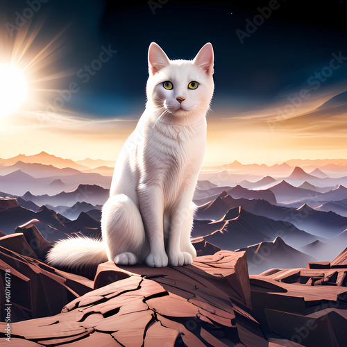 White cat on the background of a mountain landscape. AI generated.