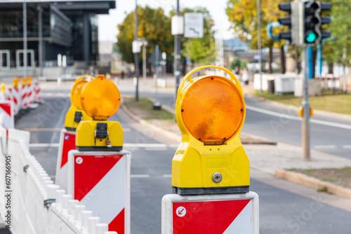 Street warning lamp on construction site