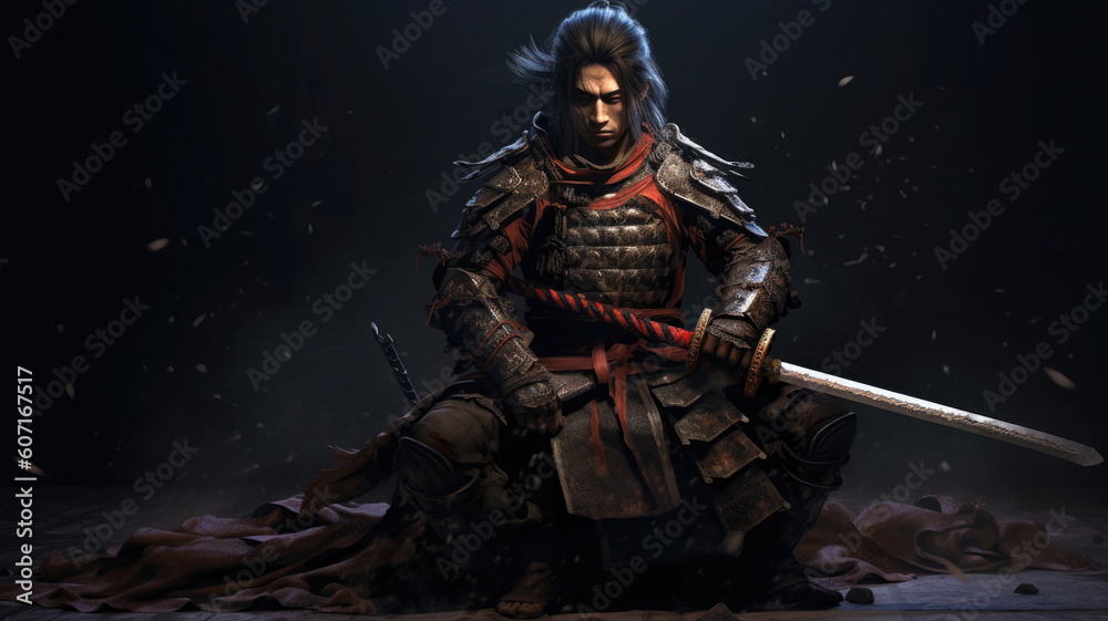 Fototapeta premium Male asian warrior portrait. Samurai in traditional armor with katana. Created with Generative AI