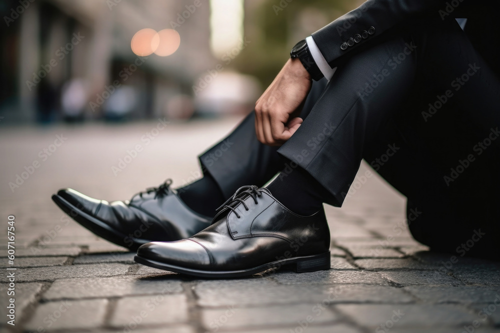Cropped shot of businessman wearing suit and elegant shoes sitting on sidewalk at city street. Leadership and success concept. Created with Generative AI Cropped shot of businessman wearing suit and elegant shoes sitting on sidewalk at city street. Leadership and success concept. Created with Generative AI