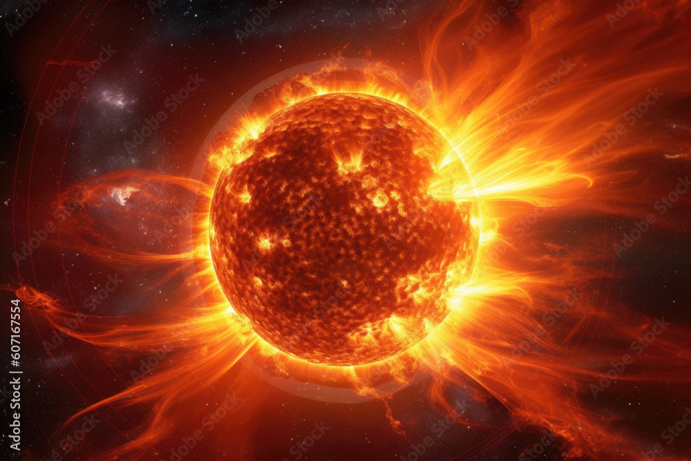 Fototapeta premium Surface of sun with prominences, solar radiation and magnetic storm. Solar plasma flames. Sun star in space. Created with Generative AI