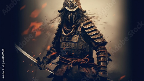 Male asian warrior portrait. Samurai in traditional armor with katana. Created with Generative AI