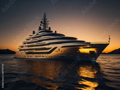 A luxury mega yacht with golden glass in the sea. ai generative