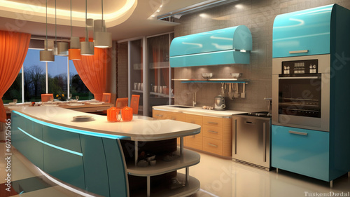 Modern futuristic kitchen interior. High tech style living room. Created with Generative AI
