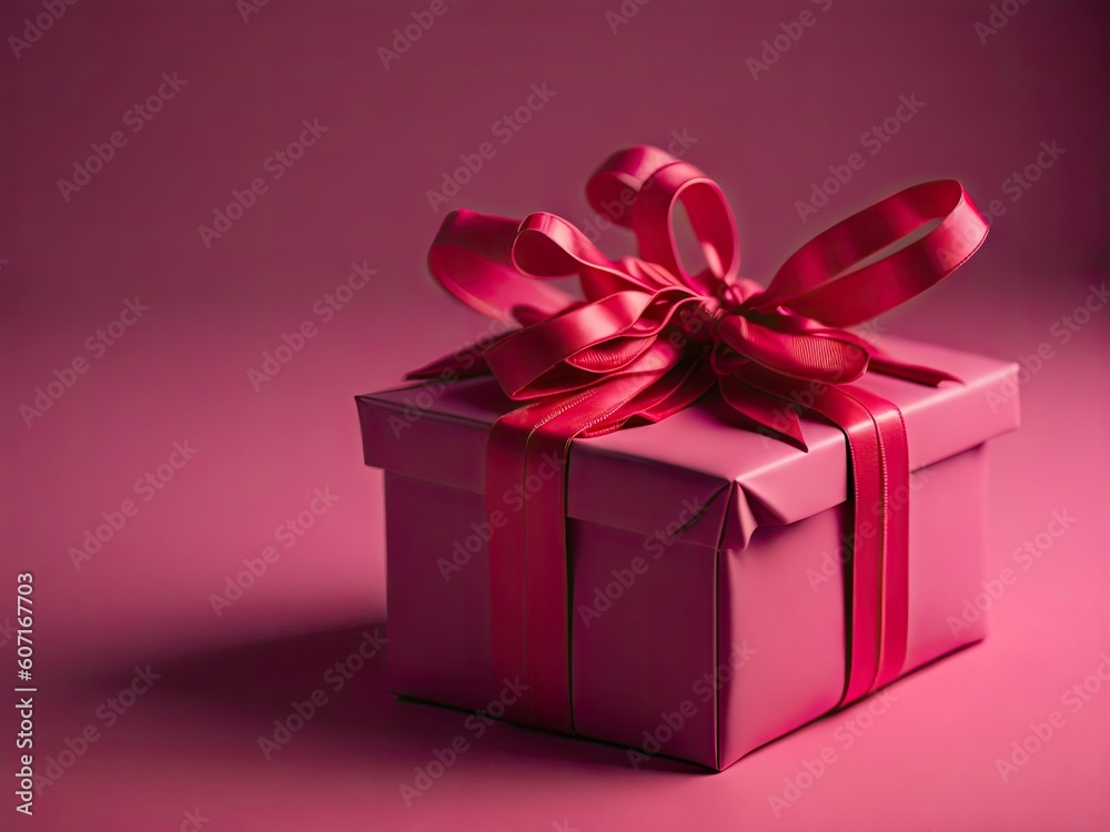 Pink gift box tide with red ribbons on pink background. ai generative