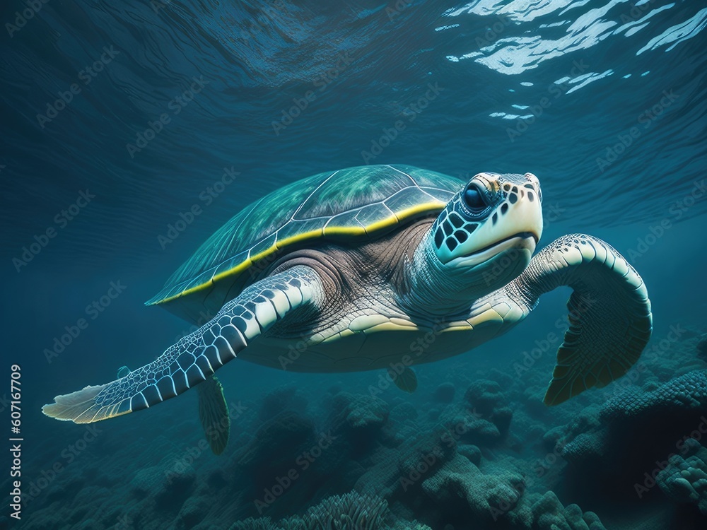 Fototapeta premium Portrait of a happy sea turtle swimming. ai generative