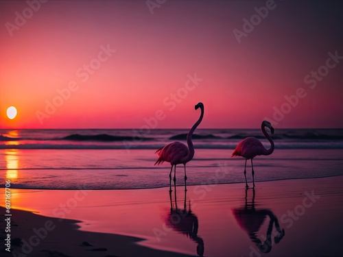 Pink flamingo beach bokeh sun set background. ai generative