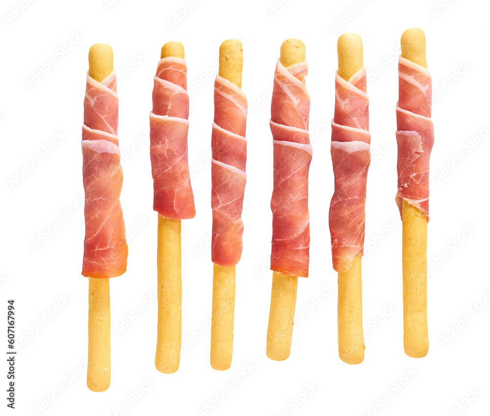 italian stick bread grissini with parma ham prosciutto, traditional