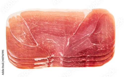Slices of parma ham prosciutto isolated on white background. Slice of a prosciutto ham isolated