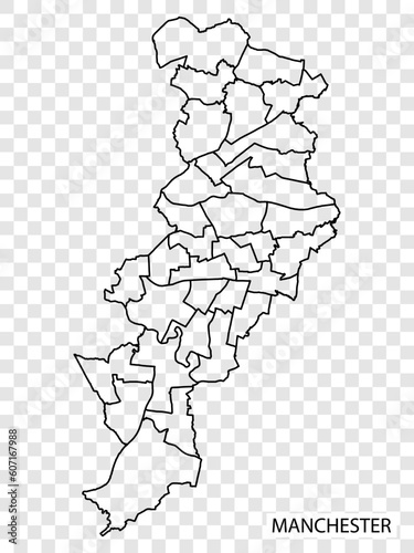 High Quality map of Manchester is a city of United Kingdom, with borders of the districts. Map of Manchester for your web site design, app, UI. UK. EPS10.