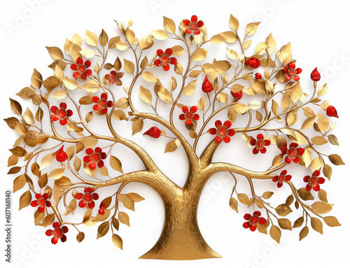 Fototapeta Naklejka Na Ścianę i Meble -  Elegant gold tree with red flowers on white background.  3D wallpaper style, abstract illustration created with Generative AI technology. 