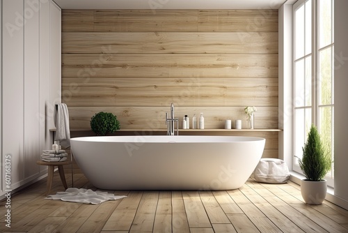 Bathroom with white and wooden walls and a white bathtub on a wooden floor. a mockup. Generative AI