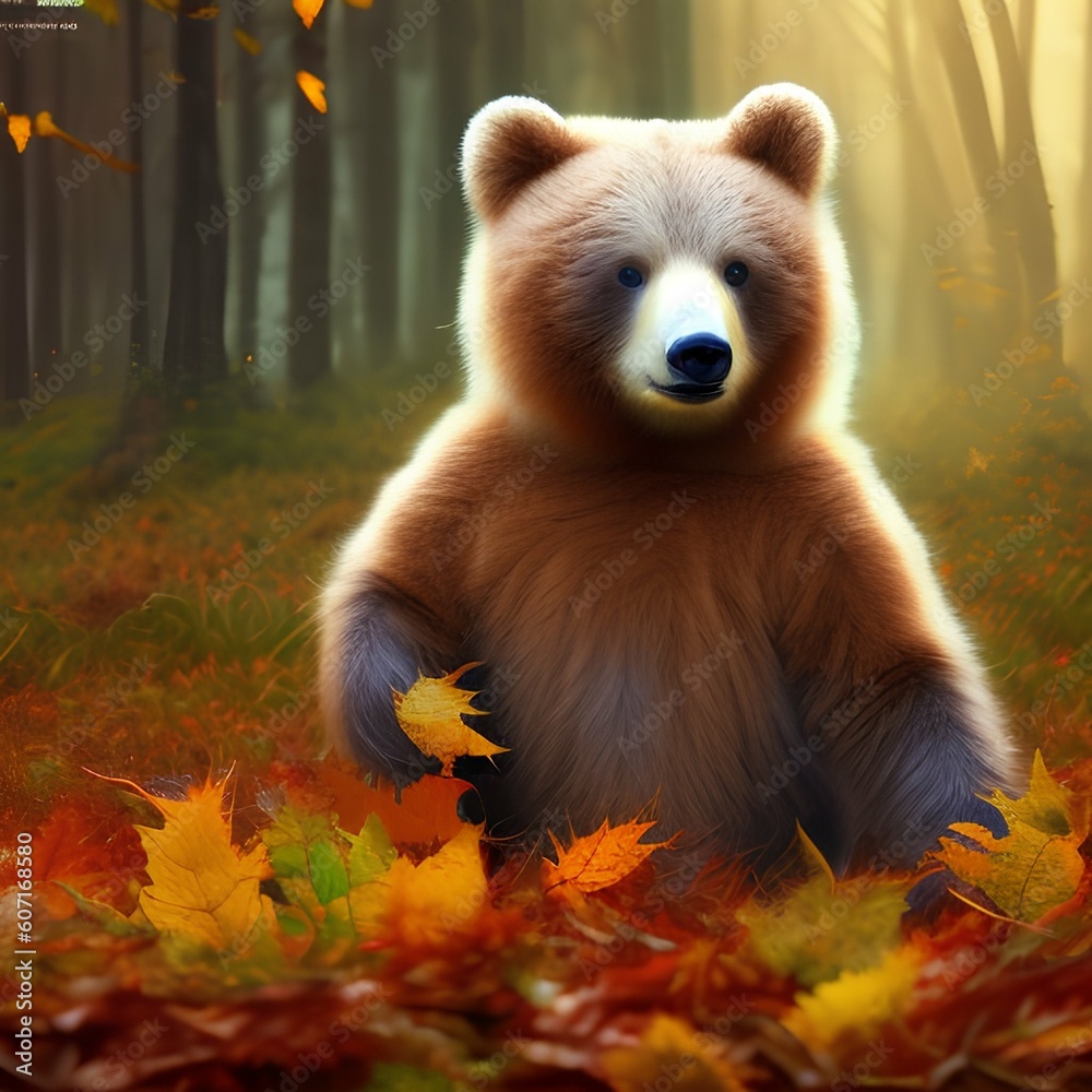 Cute bear cub among the leaves in autumn - generative ai Cute bear cub among the leaves in autumn - generative ai