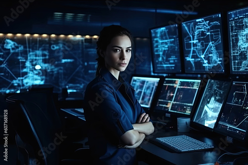 Confident government spy woman in futuristic command center with glowing monitors, sensors, maps, and remote control, created with Generative AI
