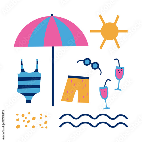 Doodle with a sea mood. Flat cartoon illustration sea, swimsuit, swimming trunks, sun umbrella, hearts, cocktail, surfboard, ice cream, glasses, sun. Beach holiday, party, coast, lifestyle.