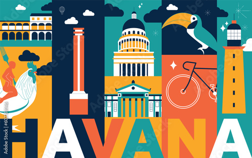 Typography word Havana branding technology concept. Collection of flat vector web icons. Cuban culture travel set, architectures, specialties detailed silhouette. Doodle famous landmarks.