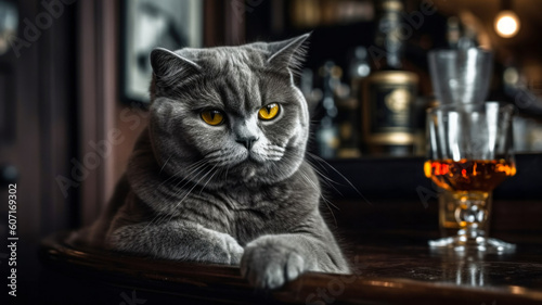 An adult angry cat looks into the frame, a close-up on an animal on a wooden counter in an old bar next to a glass of whiskey, rest at the end of the working day. AI generated.