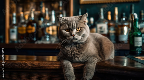 Grumpy old scottish cat close-up on a wooden counter in an old bar, pet care. AI generated.
