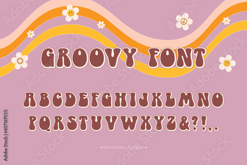 Retro Groovy Font. Trendy psychedelic alphabet. 1970s bubble letter style. Hippie hand drawn font. Decorative font for retro designs, posters, collages, greeting cards, clothing, merchandise and more. © Julia Laime