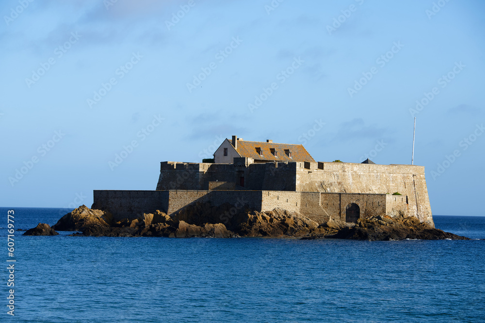 Saint Malo, Fort National and beach during high Tide. Brittany.