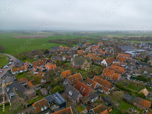 aerial drone photo of the small village Oosterend in Texel, which is an island in the Wadden sea, netherlands. 