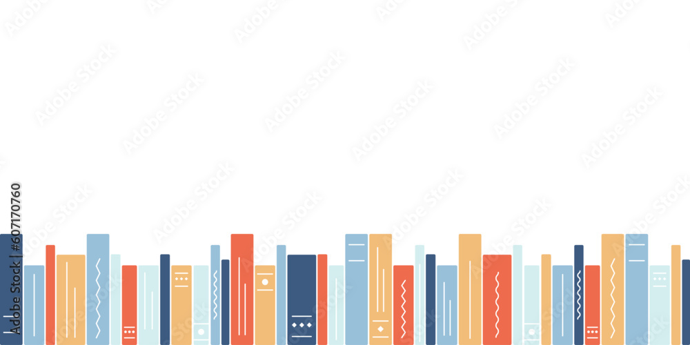The books are in a row. Library, bookshelf. Textbooks, literature. Book spines. Education, reading. The bottom border of the image. Template for inserting text. Vector illustration. The books are in a row. Library, bookshelf. Textbooks, literature. Book spines. Education, reading. The bottom border of the image. Template for inserting text. Vector illustration.