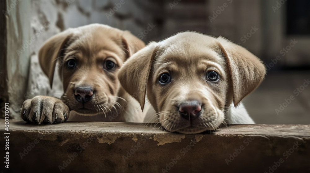 Cute brown Labrador puppies sit in row and pose looking at camera. Generative AI. High quality illustration Cute brown Labrador puppies sit in row and pose looking at camera. Generative AI. High quality illustration