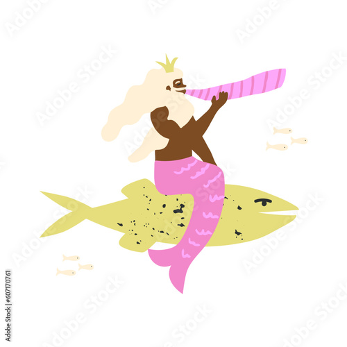 A King of the Mermaids, an aged Merman in the crown with grey hair and a beard rides a huge fish, sounds the trumpet