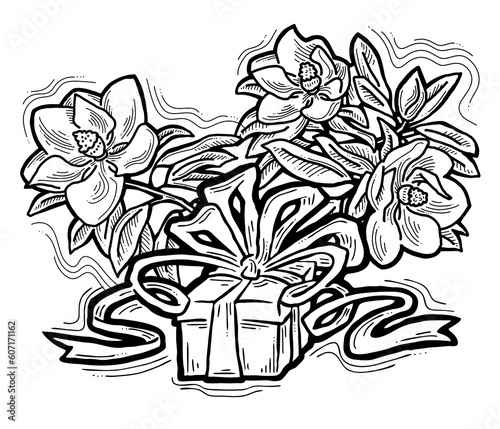 Present box with ribbon bow decorated with flowers for birthday gift, sale promotion, valentines or mothers day card, poster print. Hand drawn cartoon style illustration. Line drawing.