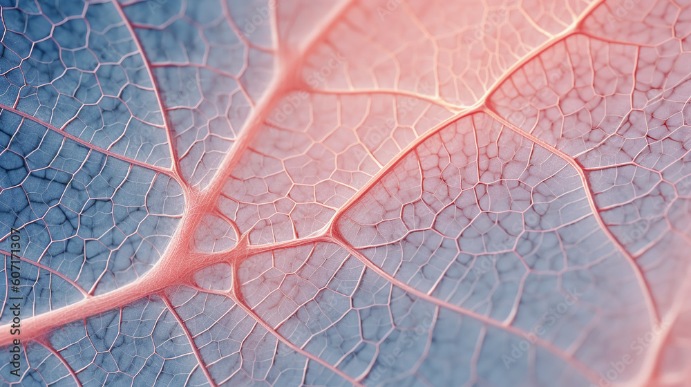 Obraz premium Tender blurred of leaf texture close-up in pastel pink blue shades, abstract Generative AI background